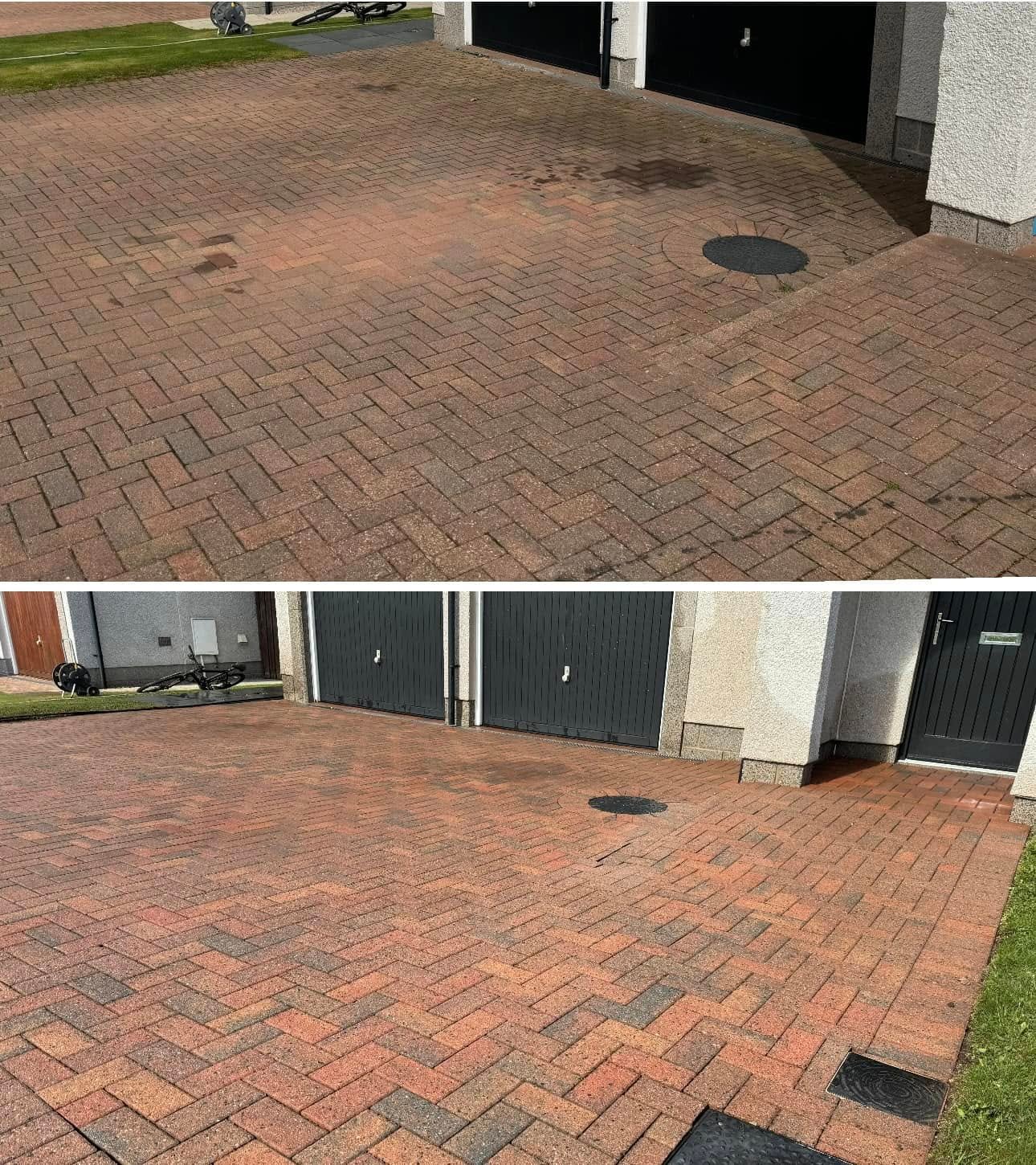 Herringbone block driveway before and after a Granite City Jetters clean