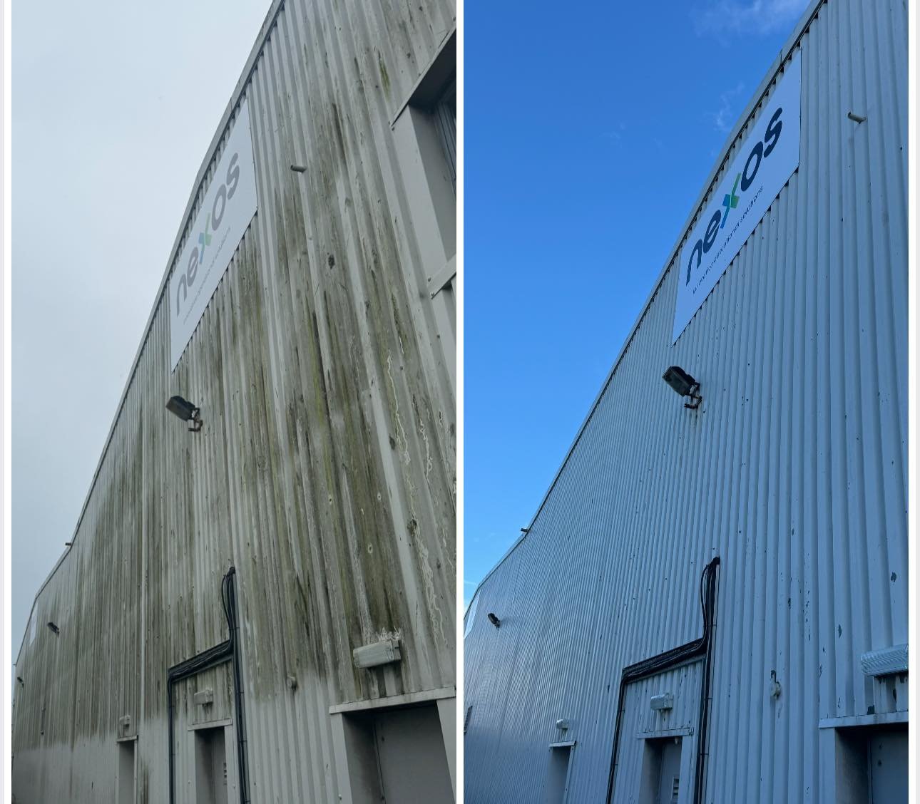Industrial unit cladding before and after commercial cleaning, Nexos signage visible
